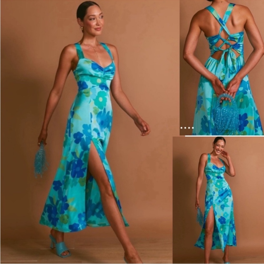 Show Me Your MuMu Mina Midi Dress in Picadilly Blue Luxe Satin size XS NWT